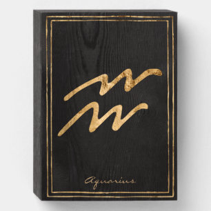 Stylized hammered gold Aquarius astrology zodiac Wooden Box Sign