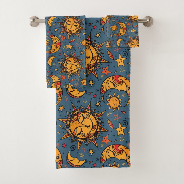 Stylized Hand Drawn Boho Sun Moon Stars Blue Bath Towel Set (Insitu)