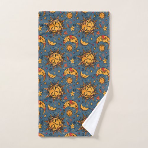 Stylized Hand Drawn Boho Sun Moon Stars Blue Hand Towel