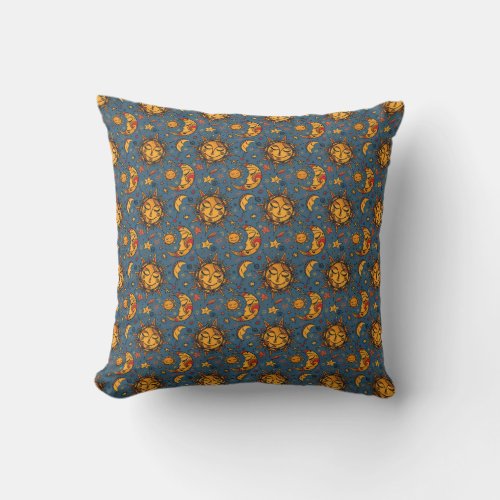 Stylized Hand Drawn Boho Sun Moon Stars Blue  Throw Pillow