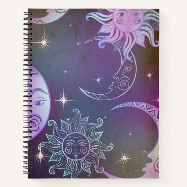 Stylized hand drawn sun moon faces stars purple  notebook (Front)