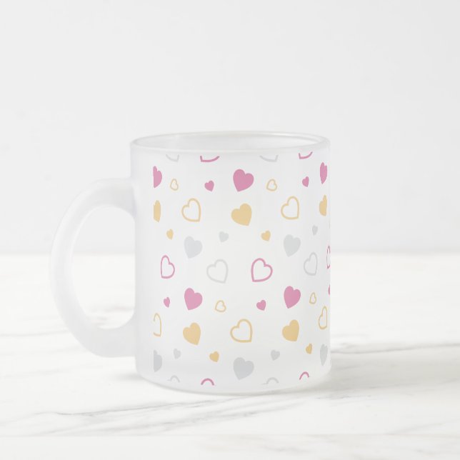 Stylized hearts pattern frosted glass coffee mug (Left)