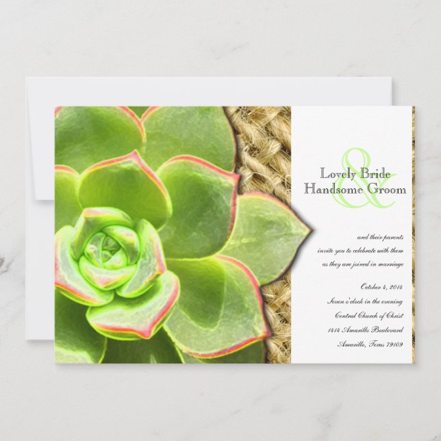 Stylized Hen and Chicks Burlap Wedding Invitation (Front)