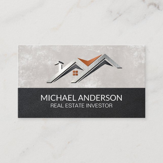 Stylized House Roof Logo  | Leather Texture Business Card (Front)