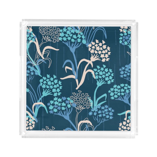 Stylized Hydrangea Floral Pattern - Elegant Blue Acrylic Tray (Front)