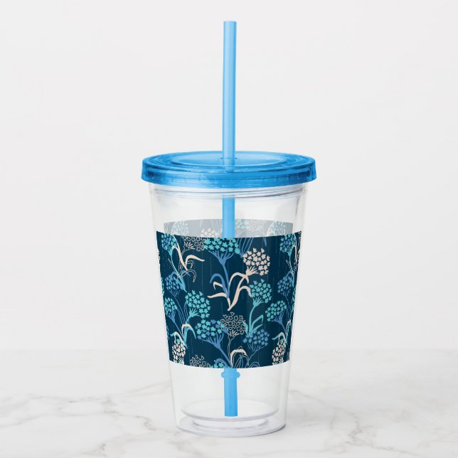 Stylized Hydrangea Floral Pattern - Elegant Blue Acrylic Tumbler (Front)