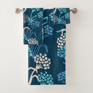 Stylized Hydrangea Floral Pattern - Elegant Blue Bath Towel Set