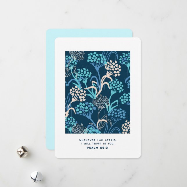 Stylized Hydrangea Floral Pattern - Elegant Blue Holiday Card (Front/Back In Situ)