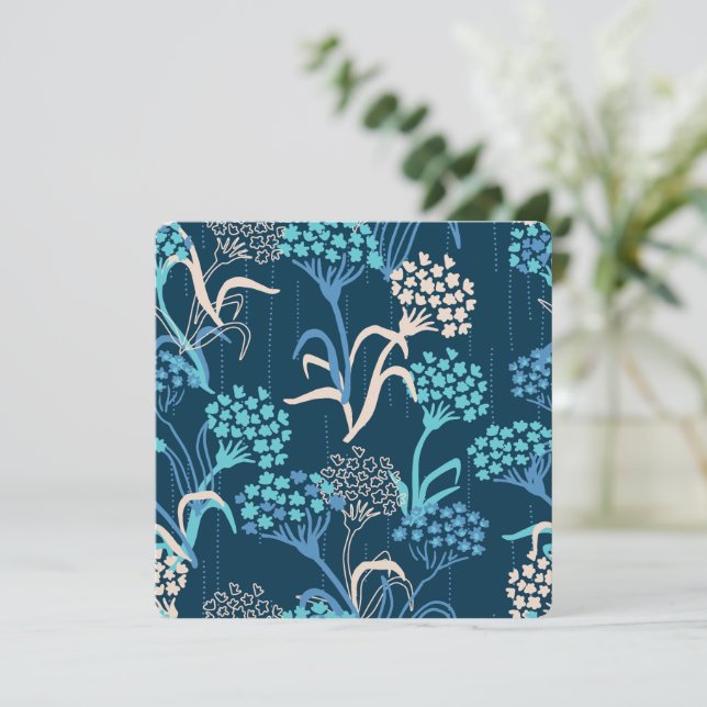 Stylized Hydrangea Floral Pattern - Elegant Blue Holiday Card (Standing Front)