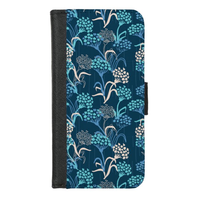 Stylized Hydrangea Floral Pattern - Elegant Blue iPhone Wallet Case (Front)