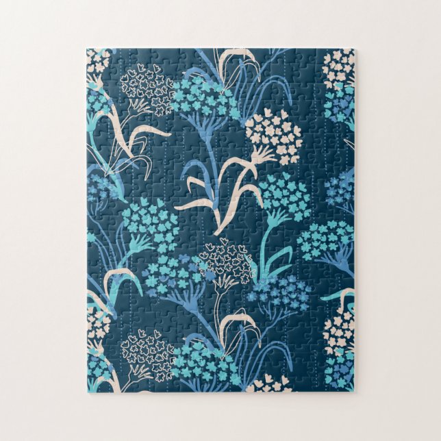 Stylized Hydrangea Floral Pattern - Elegant Blue Jigsaw Puzzle (Vertical)