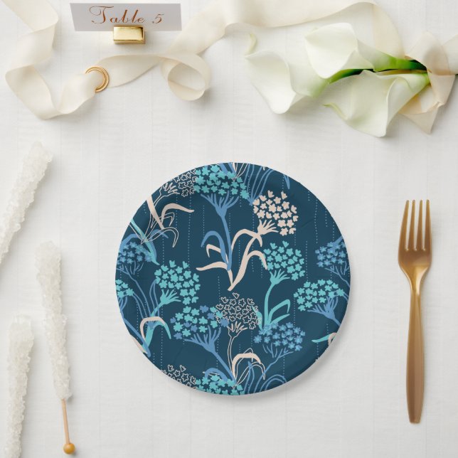Stylized Hydrangea Floral Pattern - Elegant Blue Paper Plates (Wedding)