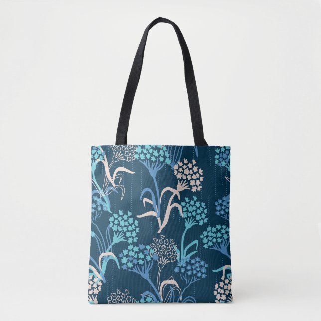 Stylized Hydrangea Floral Pattern - Elegant Blue Tote Bag (Front)