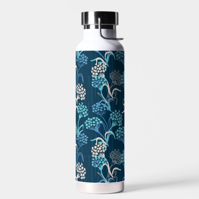 Stylized Hydrangea Floral Pattern - Elegant Blue Water Bottle (Left)