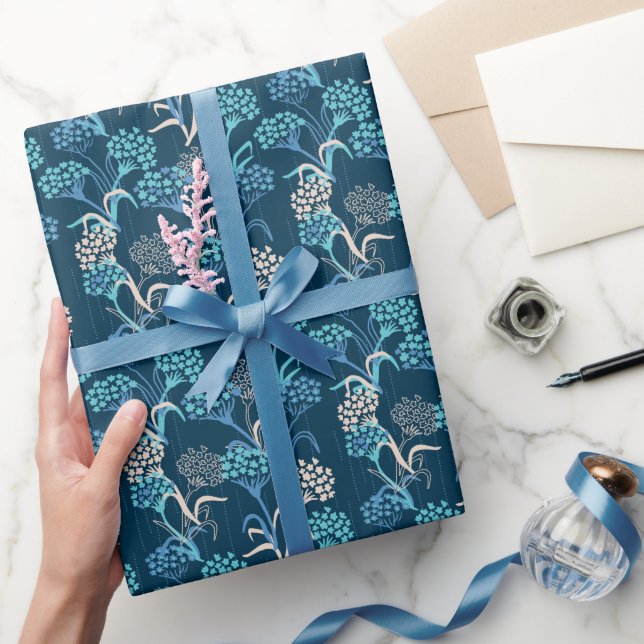 Stylized Hydrangea Floral Pattern - Elegant Blue Wrapping Paper (Gifting)