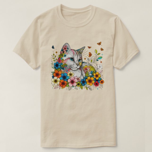 Stylized Illustration of Cat Flowers Butterflies T-Shirt (Design Front)