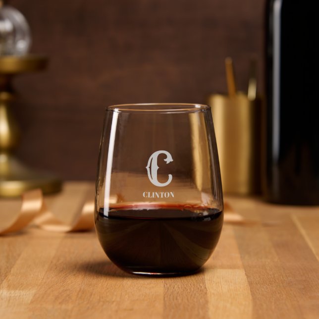 Stylized Initial and Last Name Stemless Wine Glass (Party)