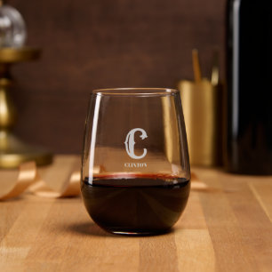 Stylized Initial Letter and Last Name Stemless Wine Glass