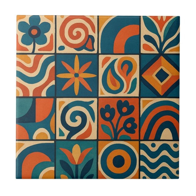 Stylized Interwoven Trellis Design Ceramic Tile (Front)