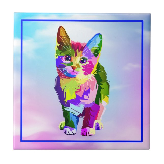 Stylized Kitten Prismatic Design-32345 Ceramic Tile (Front)