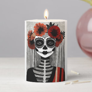 Stylized La Catrina Candle – Red, Black, and White