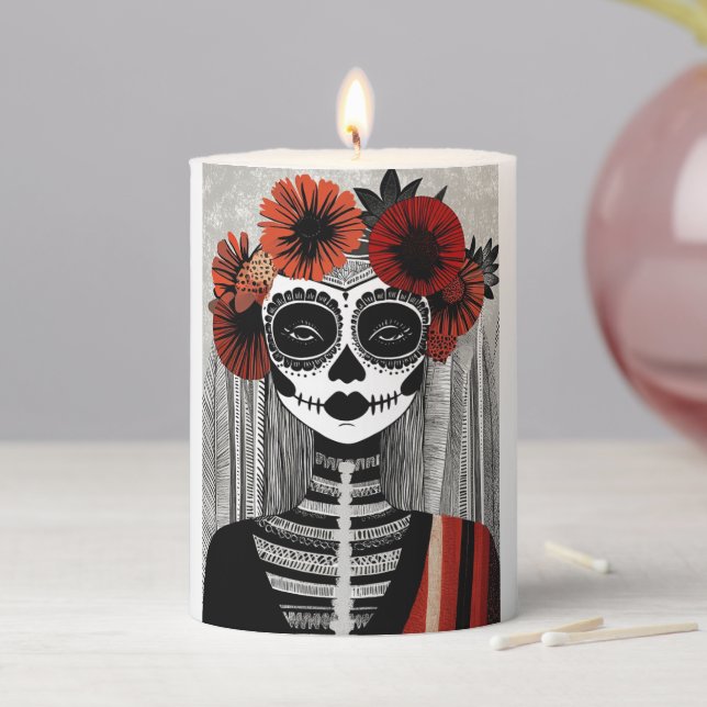 Stylized La Catrina Candle – Red, Black, and White (In Situ)