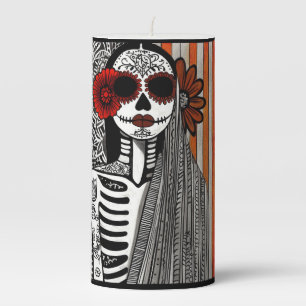 Stylized La Catrina Candle – Red, Black, and White