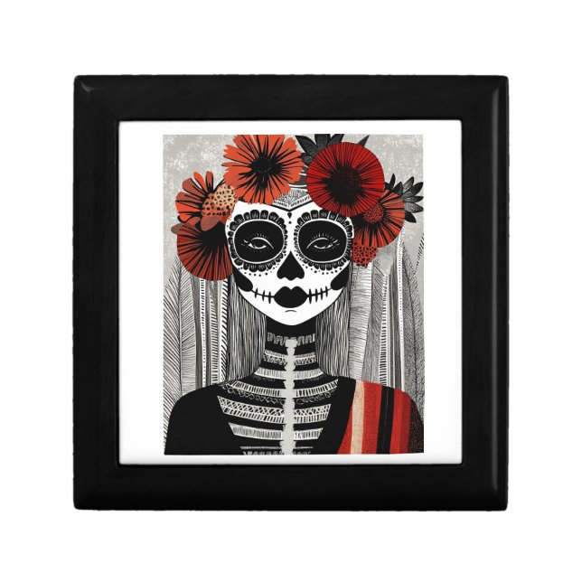 Stylized La Catrina Wooden Jewelry Keepsake Box (Front)