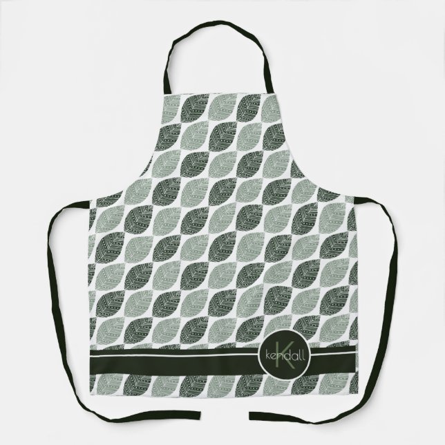 Stylized Leaf Pattern Monogram Green ID707 Apron (Front)