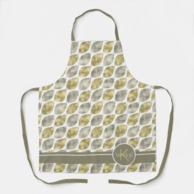Stylized Leaf Pattern Monogram Large Gold ID707 Apron (Front)