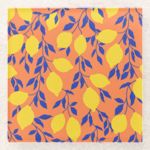 Stylized Lemons Vintage Tropical Pattern Glass Coaster
