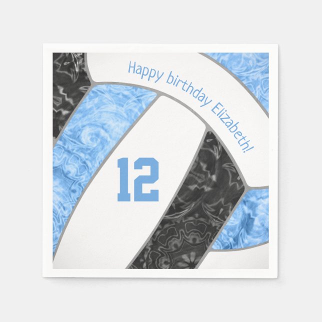 stylized light blue black girls volleyball sports napkins (Front)