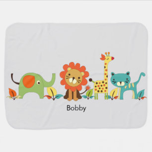 Stylized Lion Giraffe Elephant Add Child's Name Baby Blanket
