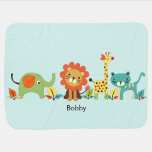 Stylized Lion Giraffe Elephant Add Child's Name Baby Blanket