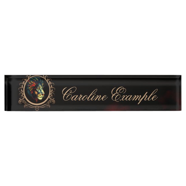 Stylized Lion Head Portrait in Mandala Frame Desk Name Plate (Front)