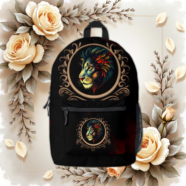 Stylized Lion Head Portrait in Mandala Frame  Printed Backpack (Creator Uploaded)