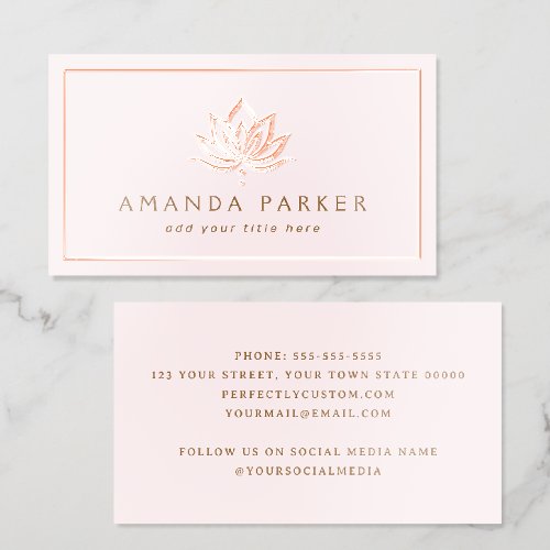 Stylized lotus flower pink yoga healing spa foil business cards