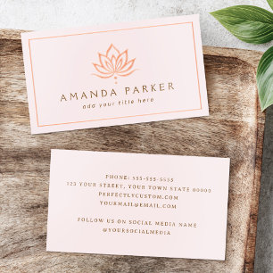 Stylized lotus flower pink yoga healing spa foil business cards