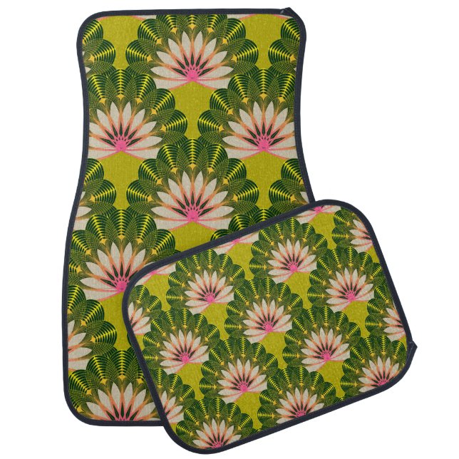 Stylized lotus wallpaper: pink, green. car floor mat (Set)