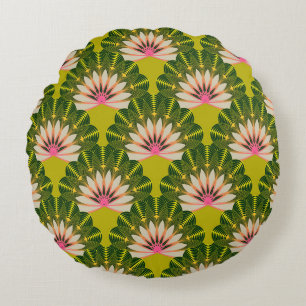 Stylized lotus wallpaper: pink, green. round pillow