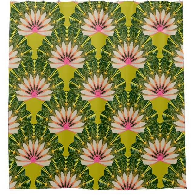 Stylized lotus wallpaper: pink, green. shower curtain (Front)