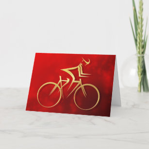 Stylized Man in Gold Cycling on a Red Sparkle Holiday Card