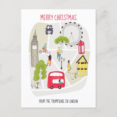 Stylized Map Merry Christmas Name from London Holiday Postcard