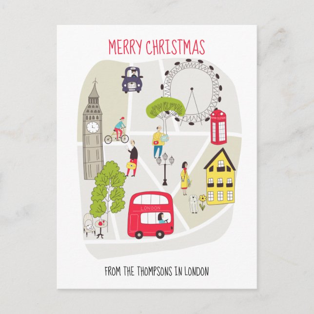 Stylized Map Merry Christmas Name from London Holiday Postcard (Front)