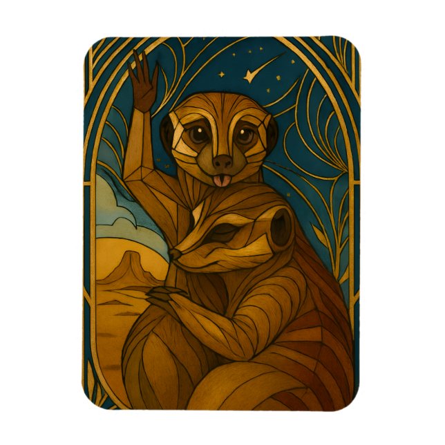Stylized Meerkat Pair Under Starry Sky Magnet (Vertical)