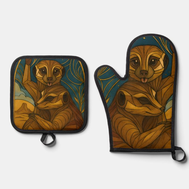 Stylized Meerkat Pair Under Starry Sky Oven Mitt & Pot Holder Set (Front)