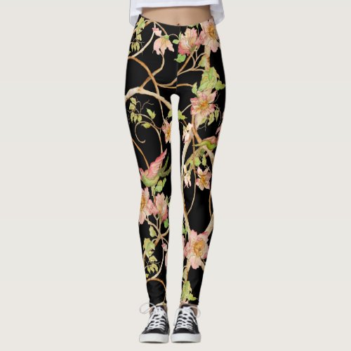 Stylized Modern Chinoiserie Floral Birds Lime Pink Leggings
