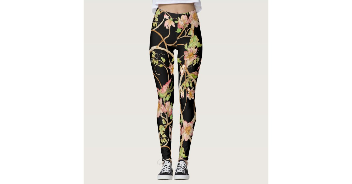 Stylized Modern Chinoiserie Floral Birds Lime Pink Leggings | Zazzle