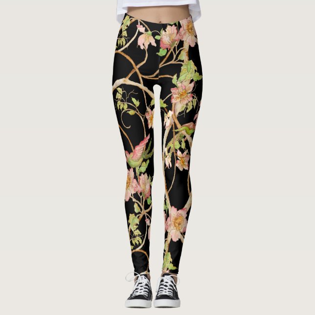 Stylized Modern Chinoiserie Floral Birds Lime Pink Leggings (Front)