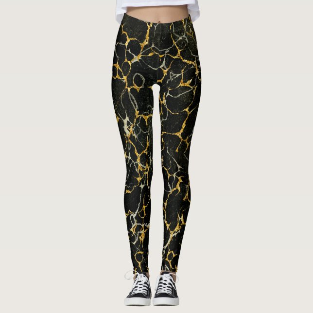 Stylized Modern Marbling Marbled Marble Black Gold Leggings (Front)